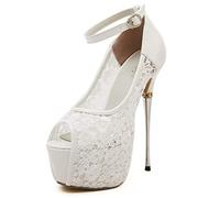 DQS Femmes Talons Ultra Hauts Pompes de Mariage 16 cm Peep Toe élégant Boucle discothèque Chaussures de fête Dames Dentelle Plate-Forme métal Stiletto