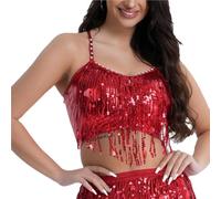 DQZRTUECA Top à écharpe avec Frange et Fermoir, Belly Dancer Sequin Fringe Crop Dance Bra Multicolore Plusieurs Tailles(Red,XL)