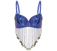 DQZRTUECA Top à écharpe avec Frange et Fermoir, Belly Dancer Soutien-Gorge à Armatures Multicolores Bretelles réglables Paillettes Brillantes Pompons perlés(Blue)