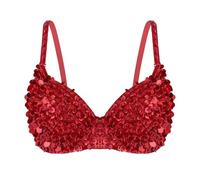 DQZRTUECA Top à écharpe avec Frange et Fermoir, Belly Dancer Soutien-Gorge rembourré Multicolore 34 for Femme avec Paillettes et Perles for Carnaval(Red)