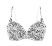 DQZRTUECA Top à écharpe avec Frange et Fermoir, Belly Dancer Soutien-Gorge rembourré Multicolore 34 for Femme avec Paillettes et Perles for Carnaval(Silver)