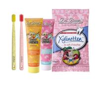 Dr. Bauer's Lot de 2 brosses à dents Daily Love Medium Xylinettes Tutti Frutti 60 g, dentifrice Licorne Lovely Friends 90 ml et dentifrice Flamant rose 90 ml