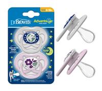 Dr. Brown's Advantage Lot de 2 tétines phosphorescentes pour bébé entièrement symétriques avec ampoule en silicone souple, violet nature, 6 à 18 m, sans BPA