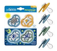 Dr. Brown's Advantage - Lot de 4 tétines phosphorescentes pour bébé entièrement symétriques avec ampoule en silicone souple, motif escargot, bleu nature, 6 à 18 m, sans BPA