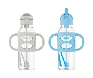 Dr. Brown's Milestones Bouteille à paille étroite, anti-déversement, avec poignées 100% silicone et paille lestée, 250 ml, gris et bleu, 6 mois et plus