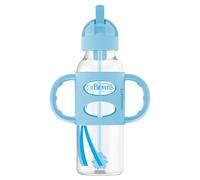 Dr. Brown's Milestones Gourde à paille étroite, anti-déversement, avec poignées 100% silicone et paille lestée, 250 ml, bleu, 6 mois et plus