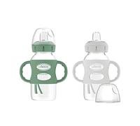 Dr. Brown's Milestones - Lot de 2 bouteilles à bec large avec poignées 100 % silicone, poignées faciles à prendre en main avec bec souple, 270 ml, vert et gris, 6 m +