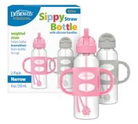 Dr. Brown's Sippy Lot de 2 bouteilles à paille avec poignées en silicone, gris et rose, 237 ml
