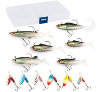 Dr.Fish Kit de 12 Leurres Carnassier,5 Types Kits de Pêche dans Une Boîte de Matériel Comprenant des Cuillères, Spinnerbait, Leurres Souples Sandeel pour Truite Bar Brochet