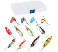 Dr.Fish Kit de 12 Leurres Carnassier,5 Types Kits de Pêche dans Une Boîte de Matériel Comprenant des Cuillères, Spinnerbait, Leurres Souples Sandeel pour Truite Bar Brochet
