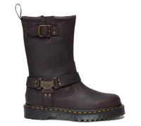 Dr. Martens Bottes de moto en cuir, marron foncé, semelle avec coutures jaunes, style motard, Marron, 45 EU