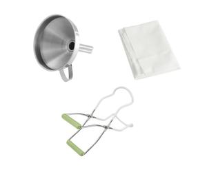 Dr Oetker 9941850 Set de 3 ustensiles pour Confiture, Pince à bocaux, Entonnoir à Confiture, Filtre pour Confiture, pince pour pot à confiture, Tissu non tissé, Acier inox, plastique, 75 x 75 cm