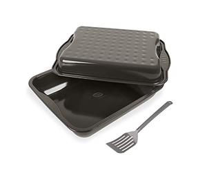 Dr. Oetker Maxi cocotte avec couvercle & spatule fendue Exclusive, plat à gratin en tôle d'acier de haute qualité, plat à rôtir familial carré pour poulet et légumes (couleur : gris/marron/crème),