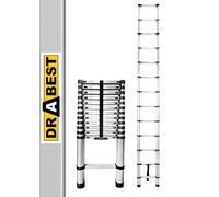 Drabest Échelle Télescopique en Aluminium avec Crochets de Fixation - Échelle Extensible - Escabeau Pliable en Aluminium - Multifonctionnelle - 13 Marches-Pieds - Hauteur 3,8m