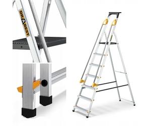 Drabest ÉCHELLES SÉRIES Pro Escabeau Ménager 7 Marches en Aluminium avec Mains Courantes 150 KG Escabeau en Aluminium Echelle Multifonctions - 50X217X12 cm