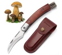 DRACHENADER Couteau champignon N-1, Couteau à champignons avec brosse/pinceau intégré, Liner Lock, étui en cuir, Acier 5Cr14MoV, manche en bois, parfait pour cueillir et nettoyer les champignons