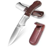 DRACHENADER Couteau de Poche, Couteau Pliant avec Verrouillage Arrière, Lame en Acier 440C, Manche en Bois - Idéal pour le Camping et la Randonnée, Étui en cuir