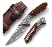 DRACHENADER Couteau de poche Damas manche en bois Slim avec étui de ceinture en cuir et clip de poche, couteau pliant de haute qualité EINHAND se compose d'acier damassé