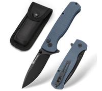 DRACHENADER Couteau de poche Y-M, couteau pliant avec Buttonlock, acier 14C28N, manche G10, couteau à une main avec clip, étui en nylon pour camping randonnée, lame argent + manche bleu