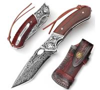 DRACHENADER Couteau Pliant Damas - Couteau de Poche Élégant avec Lame en Acier Damas et Manche en Bois, Étui en Cuir Inclus
