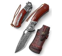 DRACHENADER Couteau pliant en acier Damas avec étui cuir - Outdoor camping, lame VG10, manche en bois - Cadeau pratique et élégant