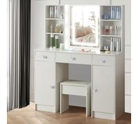 Dradaomull Coiffeuse avec éclairage LED et miroir, ampoules à intensité variable, tiroirs, 3 couleurs de lumière réglables, étagères ouvertes (83)