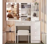 Dradaomull Coiffeuse avec Miroir et 10 Éclairages LED, Commode à Maquillage Blanche avec 6 Tiroirs et 3 Compartiments Ouverts, 3 Niveaux de Luminosité Réglables