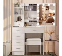 Dradaomull Coiffeuse avec miroir et 10 lumières LED, commode de maquillage avec 6 tiroirs et 3 compartiments ouverts, 3 niveaux d'éclairage réglables
