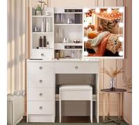 Dradaomull Ensemble de coiffeuse avec éclairage LED Hollywood, avec miroir et tabouret, 6 tiroirs et 3 compartiments ouverts Coiffeuse moderne en bois Blanc pour une chambre élégante