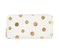 DRAEGER PARIS 1886 - Grand Portefeuille Femme Pois Dorés - Blanc avec Multiples Rangement - Grand Format 18,5 x 2,5 x 10 cm - 8 Emplacements Cartes, Poche Zippée Centrale, Doublure Coton
