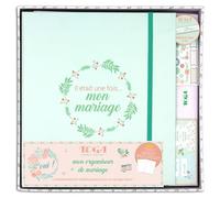 DRAEGER PARIS 1886 - Kit de Papeterie Fleuri pour Mariage - Organisateur de Mariage avec Carnet 90 Pages, Pochettes, Stickers, Pochoir, Masking Tape - Papier Vert/Saumon - Dimensions 20x24,5 cm