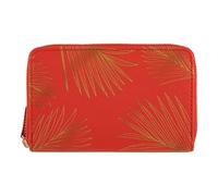 DRAEGER PARIS 1886 - Portefeuille Femme Feuilles Dorées Rouge - Moyen Format Compact 15x2,5x9,5cm - 1 Poche Zippée, 6 Poches Plaquées, 3 Compartiments - Polyuréthane Extérieur, Doublure Coton