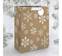 DRAEGER PARIS 1886 - Sac Cadeau Beige Flocons - Papier Mat de Qualité - Poignées Ruban Gros Grain Résistantes - Idéal pour Cadeaux de Noël et Anniversaires - Emballage Cadeau Original