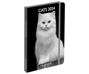 DRAEGER PARIS | Agenda de poche A6 spécial Chats noir et blanc janvier-dec 2024 | 12 photos | 11,5 x 16 cm | Couverture rigide marque page | 7 langues | 1 semaine sur 2 pages | Papier certifié FSC®