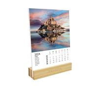 DRAEGER PARIS - Calendrier sur socle France 2024-12 x 16,5 cm - Année 2024-7 langues - Calendrier décoration bureau mensuel- Socle en bambou - Papier certifié FSC® - encres végétales