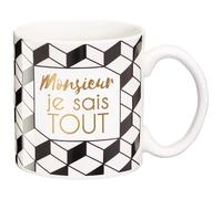 DRAEGER Paris - Mug Black & Gold Porcelaine Fine Monsieur Je Sais Tout - Mug Humour pour collègue, ami, Copain, frère -Tasse à café Originale avec Coffret Cadeau