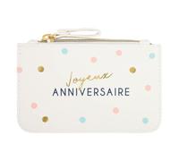 DRAEGER PARIS | Petite pochette blanche "Joyeux anniversaire" maquillage, cartes, clés | 9 x 14,5 cm | Polyuréthane recyclé à l'extérieur | Fermeture éclair | Idée cadeau anniversaire