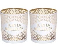 Draeger - Porte Bougie - Photophore Verre à Offrir en Cadeau à Vos Proches - Support Bougie en Verre Blanc Et Doré - H8 x L7,5 cm Message tu ES la Meilleure (Lot de 2)