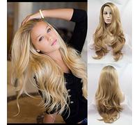 Drag Queen Perruque longue ondulée avec racines brunes ombrées blond moyen couleur naturelle avec dentelle frontale pour femme, usage quotidien, cosplay, fête, blonde, 61 cm, résistante à la chaleur