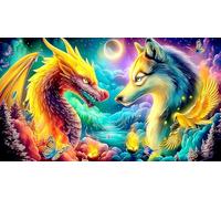 Dragon-and-Loup-in-Fantasy-Landscape Puzzle pour Adultes: 1000 Pièces en Carton Recyclé pour la Décoration 75x50cm/1000pcs