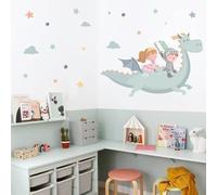 Dragon avec chevalier et princesse bleue - Décoration pour frères - Vinyles pour enfants - T3 - Grand