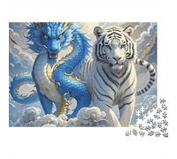 Dragon Bleu et Tigre Blanc Puzzle 1000 pièces Difficile pour Adultes Dragon Bleu Tigre Blanc Nuages Lune Premium Épais Robuste Haute Qualité Vibrant Relaxation Antistress Jeu 38x26cm/1000pcs