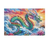 Dragon Chinois Vert dans Les Vagues 1000 Pièces Puzzle Collectionneur en Carton Rigide sans Déformation Déferlante, Brume au crépuscule Très Difficile Motif Complexe Décoration Murale Qualité Premium