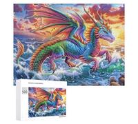 Dragon coloré sur la mer avec des Fleurs de Lotus Puzzle 500 Pièces pour Couples Soirée Jeu Interaction Cognitive Cadeau pour Moments Partagés 500 PCS