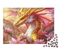 Dragon doré Parmi Fleurs 1000 pièces Puzzle Difficile pour Adultes Dragon doré glorieux dans étang de Lotus Rose Premium Robuste Haute qualité Vibrant soulagement du Stress Jeu 38x26cm/1000pcs