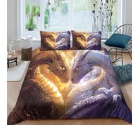 Dragon Duo Housse de Couette 3 pièces 3D Effet Microfibre résistante Fantaisie Mythical Art Ensemble De Literie avec Fermeture Éclair Facile d'entretien for Femmes Single（140x200cm）