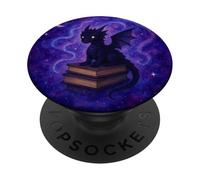 Dragon fantaisie mignon sur des livres Rat de bibliothèque magique Art nocturne PopSockets PopGrip Adhésif