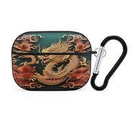 Dragon Fond Chinois Écouteurs Organisateur Antichoc Housse de Protection Airpods Pro avec Mousqueton Anti-Chute Transport Écouteurs Housse pour Airpods Pro 2ème Génération Noir