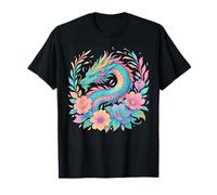 Dragon japonais avec fleurs florales, dessin animé fantastique vintage T-Shirt
