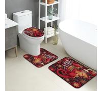 Dragon - Lot de 3 tapis de salle de bain en flanelle à séchage rapide, absorbants, antidérapants, lavables en forme de U, décoration de vacances, motif floral rouge festif